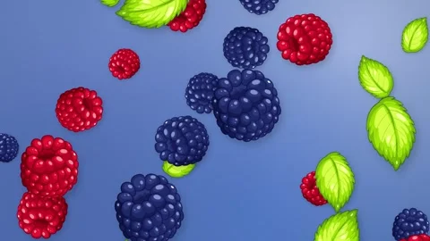 Animated Falling Mixed Berries and Green Leaves on Blue Background Stock Footage 344848756