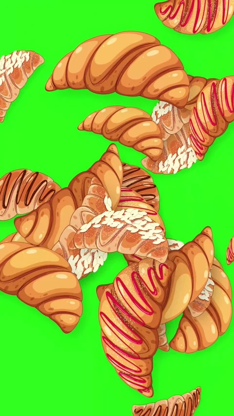 Animated Falling Mixed Croissants and Pastries on Green Screen Background Video stock 344231221