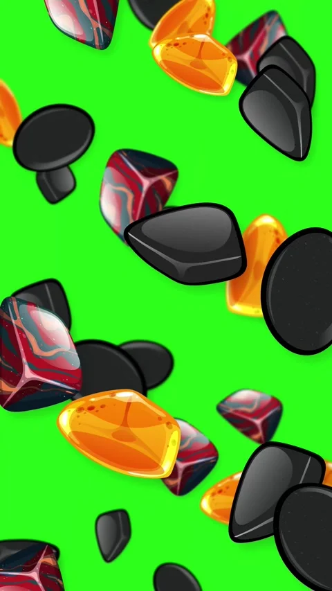 Animated Falling Mixed Gemstones and Smooth Black Stones on Green Screen Stock Footage 342779755