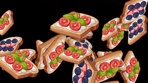 Animated Falling Mixed Toasts with Fruit and Vegetables on Black Background Stock Footage 344832547