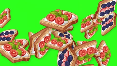 Animated Falling Mixed Toasts with Fruit and Vegetables on Green Screen Stock Footage 346197640