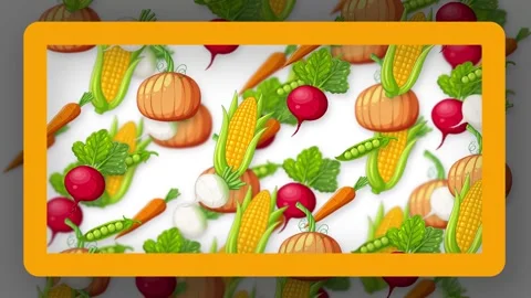 Animated Falling Mixed Vegetables Pattern on White Background with Orange Frame Stock Footage 341723628