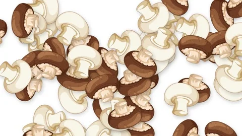 Animated Falling Mixed White and Brown Mushrooms on White Background Stock Footage 339754864