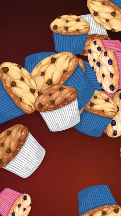 Animated Falling Muffins and Cupcakes on Dark Red Background Stock Footage 345800075