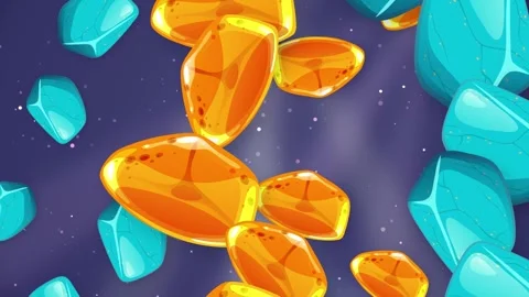 Animated Falling Orange and Blue Gemstones Over Glittering Purple Background Stock Footage 342779817