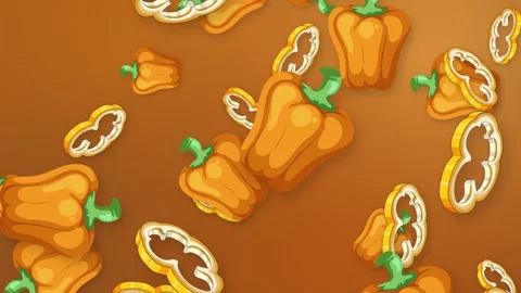 Animated Falling Orange Bell Peppers and Slices on Brown Background Stock Footage 345707869