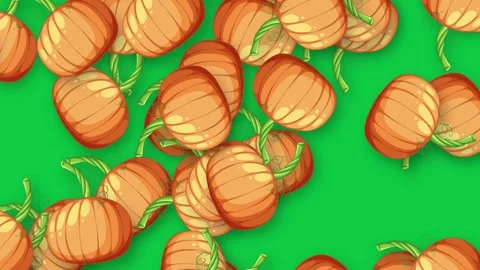 Animated Falling Orange Pumpkins Pattern on Bright Green Background Stock Footage 340382035
