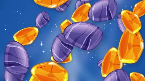 Animated Falling Purple and Orange Gemstones Over Blue Glitter Background Stock Footage 345037814