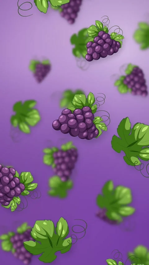 Animated Falling Purple Grapes and Green Leaves on Purple Background Stock Footage 345209018