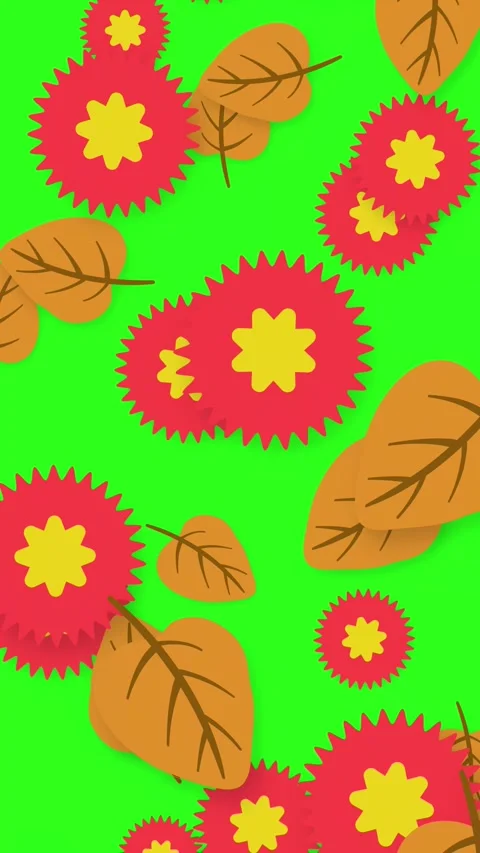 Animated Falling Red Flowers and Brown Leaves on Green Background Video stock 342779922