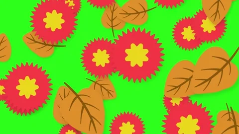 Animated Falling Red Flowers and Brown Autumn Leaves on Green Screen Video stock 344378200