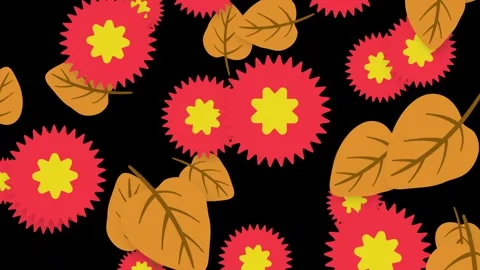 Animated Falling Red Flowers and Brown Autumn Leaves on Black Background Video stock 344622301