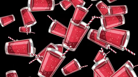 Animated Falling Red Soda Glasses with Straws on Black Background Stock Footage 342319342