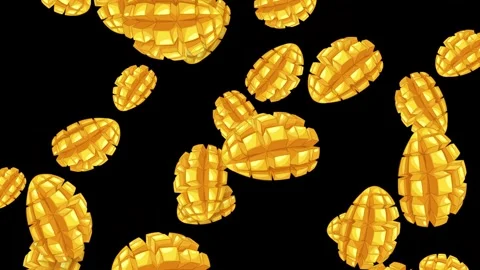 Animated Falling Sliced Mango Fruit Chunks on Black Background Stock Footage 346116376