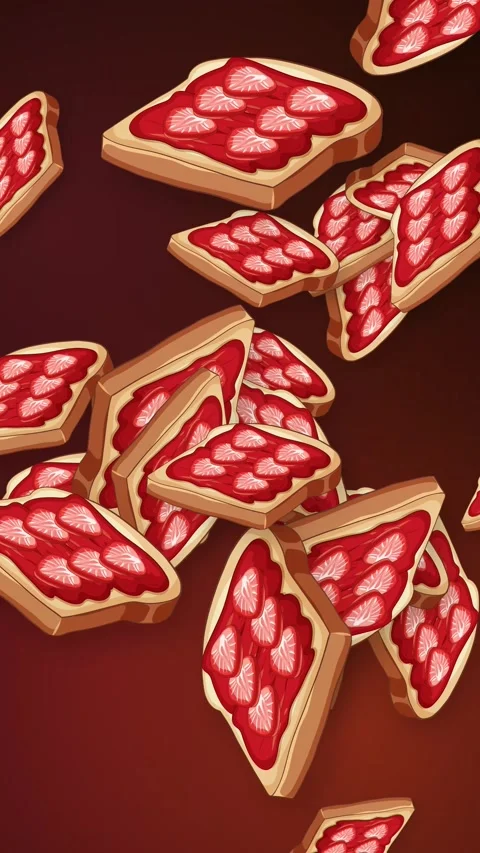 Animated Falling Strawberry Jam Toast Slices on Dark Red Background Stock Footage 345310759