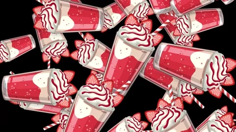 Animated Falling Strawberry Milkshake Dessert Cups on Black Background Stock Footage 344518646