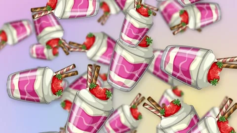 Animated Falling Strawberry Parfait Dessert Cups on Pastel Gradient Background Stock Footage 342780173