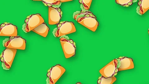 Animated Falling Tacos Pattern on Solid Green Background Stock Footage 342118661
