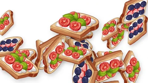 Animated Falling Toast with Tomato and Blueberry Toppings Stock Footage 345297043