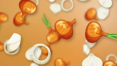 Animated Falling Whole and Sliced Onions on Orange Background Stock Footage 342218052