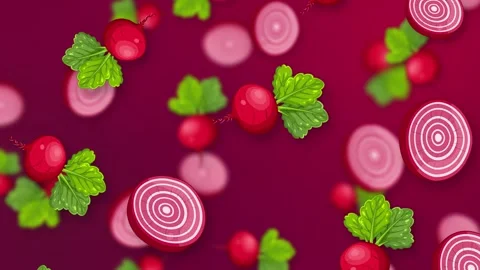 Animated Falling Whole and Sliced Beetroot Vegetables on Purple Background Stock Footage 343837178