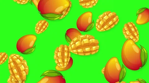 Animated Falling Whole and Sliced Mangoes on Green Background Stock Footage 344831596