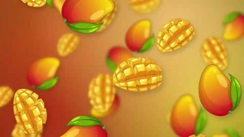 Animated Falling Whole and Sliced Mangoes on Warm Gradient Background Stock Footage 344832236