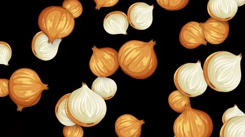 Animated Falling Whole and Sliced Yellow Onions on Black Background Stock Footage 345197698