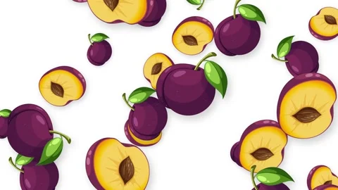 Animated Falling Whole and Sliced Plums on White Background Stock Footage 345308182