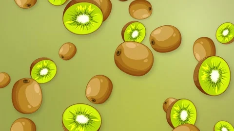 Animated Falling Whole and Sliced Kiwi Fruit on Green Background Stock Footage 345314474