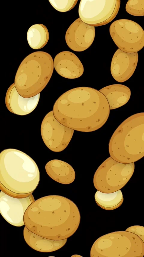 Animated Falling Whole and Sliced Potatoes on Black Background Stock Footage 345314554