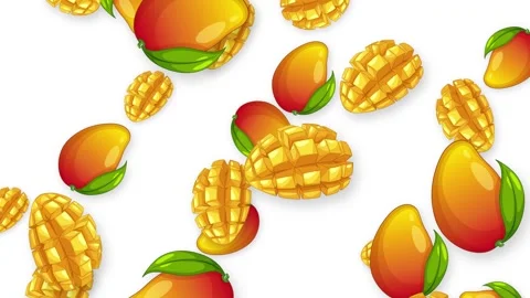 Animated Falling Whole and Sliced Mangoes on White Background Stock Footage 346114737