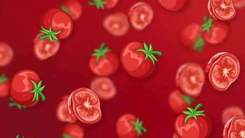 Animated Falling Whole and Sliced Red Tomatoes on Red Background Stock Footage 346372227