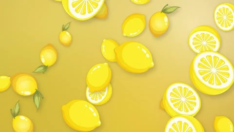 Animated Falling Whole Lemons and Slices on Yellow Mesh Background Stock Footage 344519010