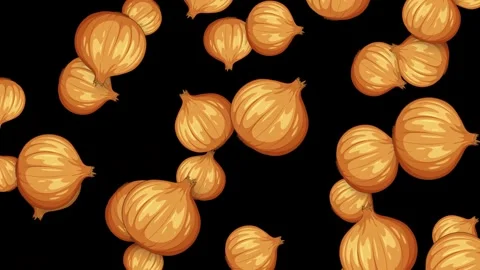 Animated Falling Yellow Onions on a Solid Black Background Stock Footage 346435796