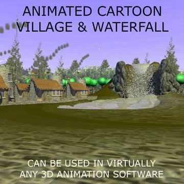Animated Fantasy Cartoon Village And Waterfall 3D Model