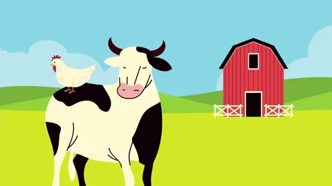 Animated farm scene featuring a cute cow with a chicken standing on its bac.. Stock Footage 339258172