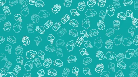Animated Fast Food Doodle Pattern. Seamless Loop with Wiggle Effect (Teal). Stock Footage 319714129