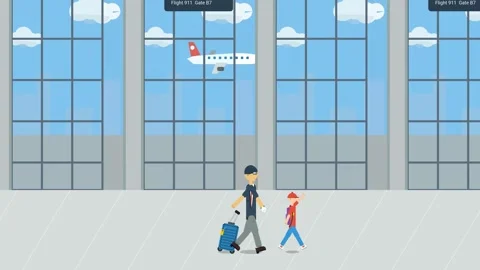 Animated Father And Son Walking In Airport Terminal With Luggage And Signs Video stock 341302502