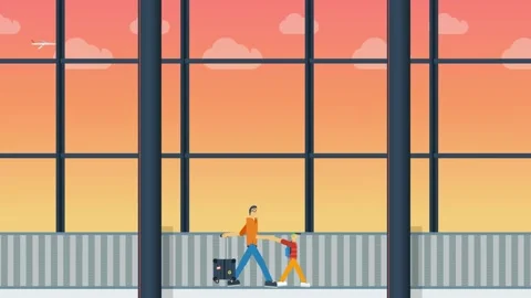 Animated Father And Son Walking In Airport Terminal With Suitcase At Sunset Video stock 341302514