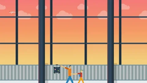 Animated Father And Son Walking With Luggage In Airport Terminal At Sunset 스톡 동영상 341302656