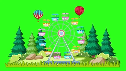 Animated Ferris Wheel and Hot Air Balloons in a Forest Park Stock Footage 337090579