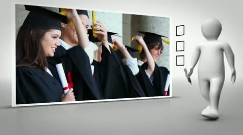 Animated figure walking and ticking a box beside graduation clip Stock Footage