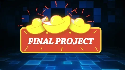 Animated final project text banner with golden ingot icons on digital blue Stock Footage 345567599