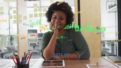 Animated finance charts making pro shifting into smile leaning with data moving Stock Footage 334034531