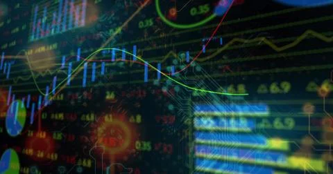 Animated finance dashboard streaming data, updating candles, trend lines, Stock Illustration