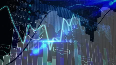 Animated financial chart receiving live market data, animating bars and line, Stock Footage 332577533