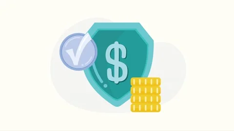 Animated financial protection concept with shield dollar sign coin and chec.. Vídeo Stock 338989365