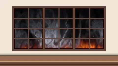 Animated Fire and Smoke Rising Behind a Large Window Frame Stock Footage 345118078