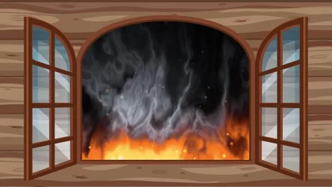 Animated Fire and Thick Smoke Rising Behind an Open Wooden Window Stock Footage 345317243